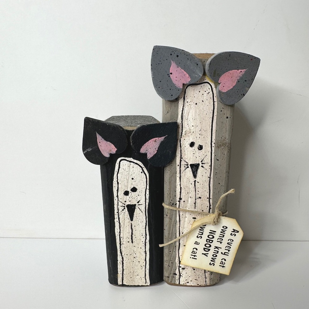 2 Rustic Wood Block Cat Figurines Hand Painted‎ Primitive Folk Art Decor Gift